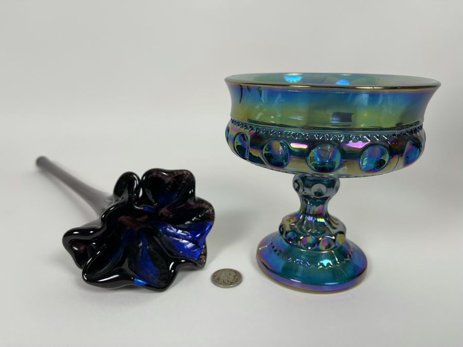 Carnival Glass Compote 5H And Glass Flower 13H [Photo 1]