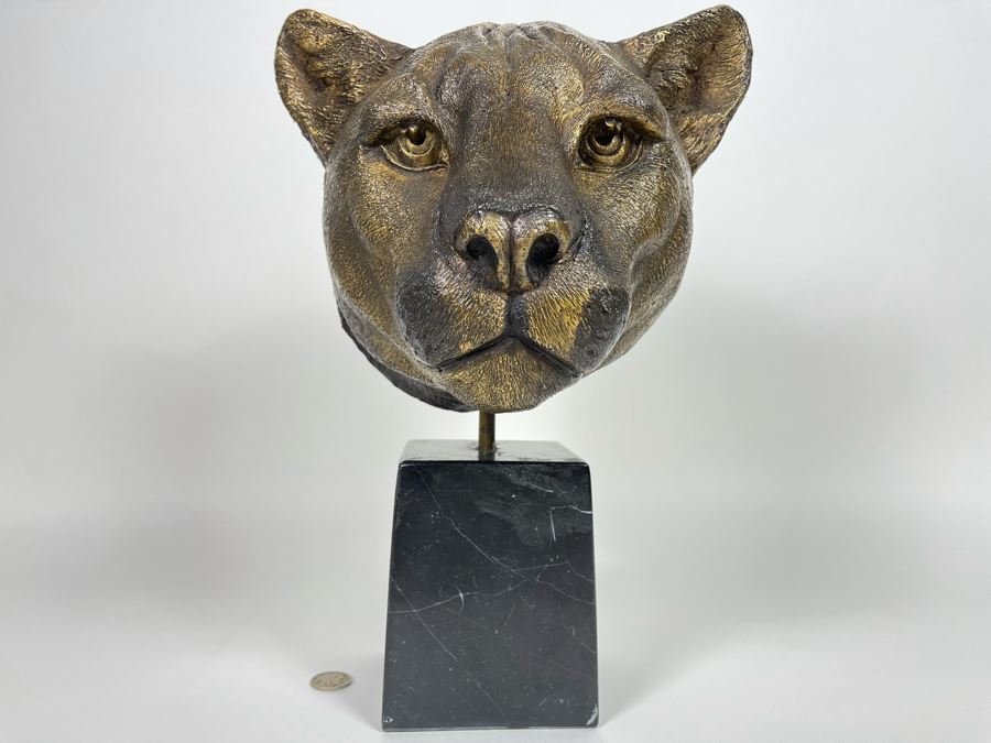 Impressive Metal Mountain Lion Cougar Sculpture On Marble Base (No Signatures Found) 10W X 7D X 14H [Photo 2]