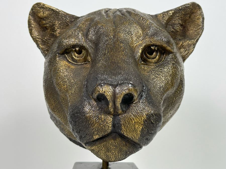 Impressive Metal Mountain Lion Cougar Sculpture On Marble Base (No Signatures Found) 10W X 7D X 14H [Photo 3]