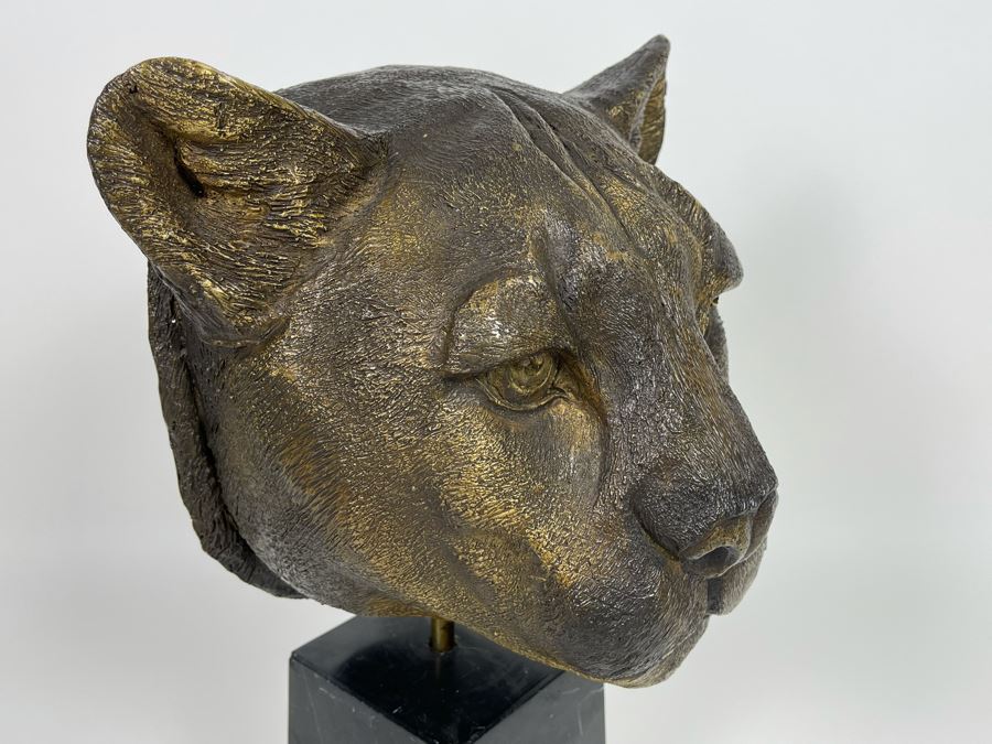 Impressive Metal Mountain Lion Cougar Sculpture On Marble Base (No Signatures Found) 10W X 7D X 14H [Photo 7]