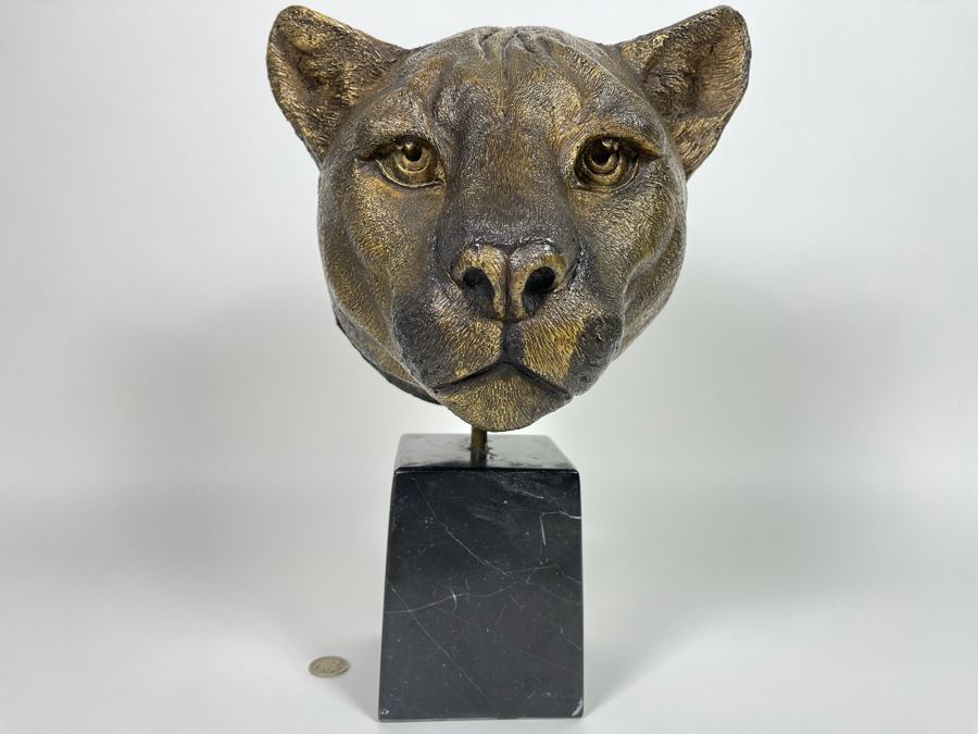 Impressive Metal Mountain Lion Cougar Sculpture On Marble Base (No Signatures Found) 10W X 7D X 14H [Photo 1]