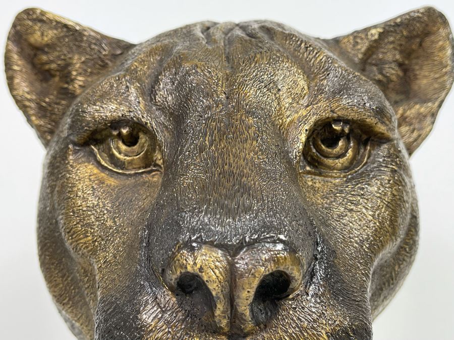 Impressive Metal Mountain Lion Cougar Sculpture On Marble Base (No Signatures Found) 10W X 7D X 14H [Photo 5]