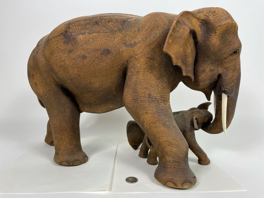 Large Hand Carved Wooden Mother Elephant With Baby Calf Sculpture 19W X 9D X 12H [Photo 13]