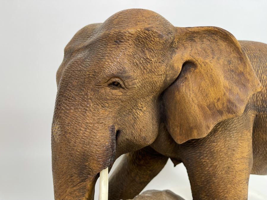 Large Hand Carved Wooden Mother Elephant With Baby Calf Sculpture 19W X 9D X 12H [Photo 8]