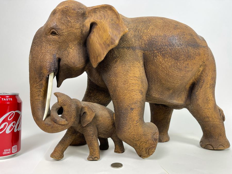 Large Hand Carved Wooden Mother Elephant With Baby Calf Sculpture 19W X 9D X 12H [Photo 6]