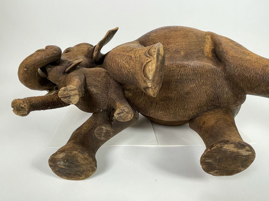 Large Hand Carved Wooden Mother Elephant With Baby Calf Sculpture 19W X 9D X 12H [Photo 18]