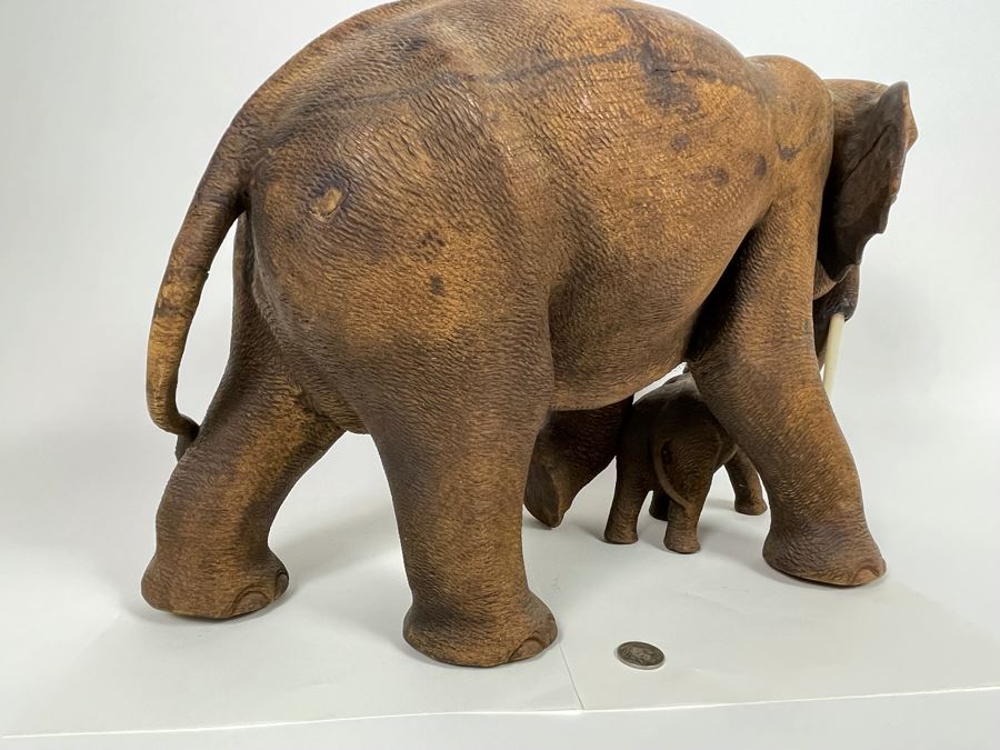 Large Hand Carved Wooden Mother Elephant With Baby Calf Sculpture 19W X 9D X 12H [Photo 17]