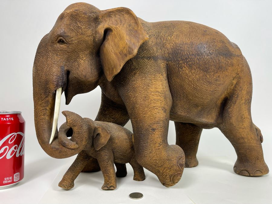 Large Hand Carved Wooden Mother Elephant With Baby Calf Sculpture 19W X 9D X 12H [Photo 5]