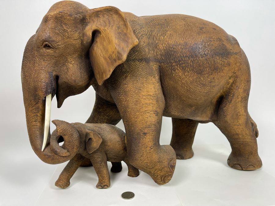 Large Hand Carved Wooden Mother Elephant With Baby Calf Sculpture 19W X 9D X 12H [Photo 9]