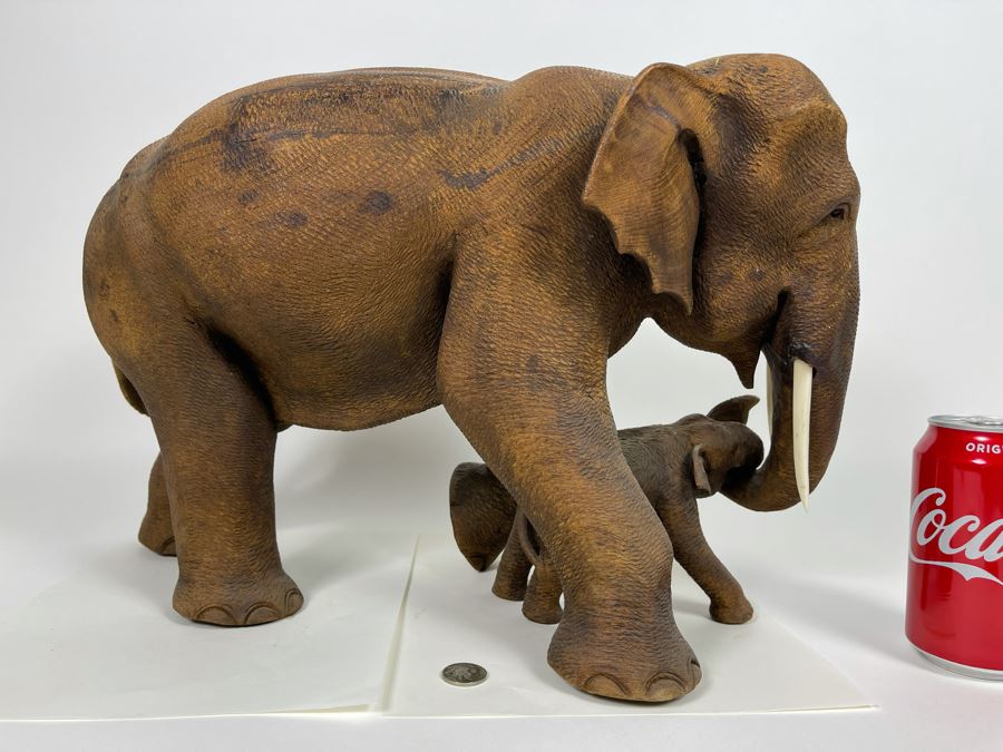 Large Hand Carved Wooden Mother Elephant With Baby Calf Sculpture 19W X 9D X 12H [Photo 15]