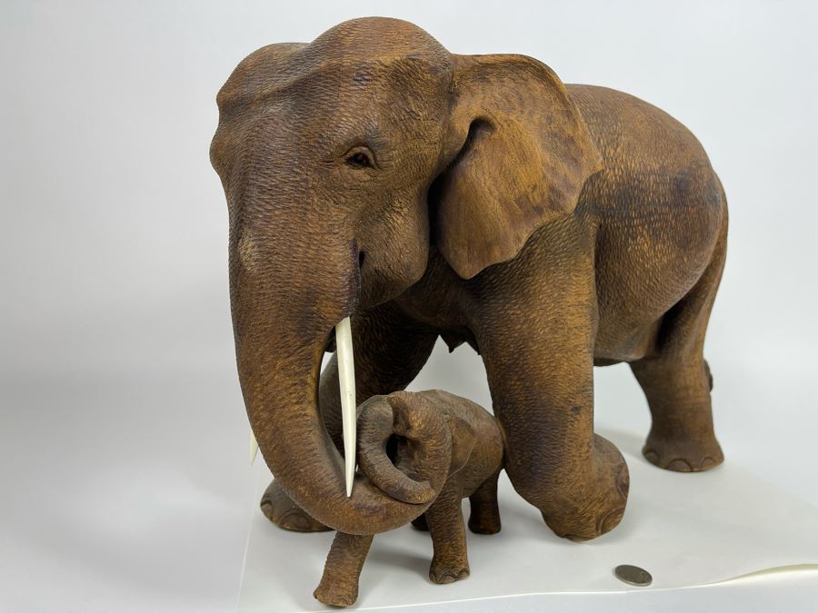 Large Hand Carved Wooden Mother Elephant With Baby Calf Sculpture 19W X 9D X 12H [Photo 11]