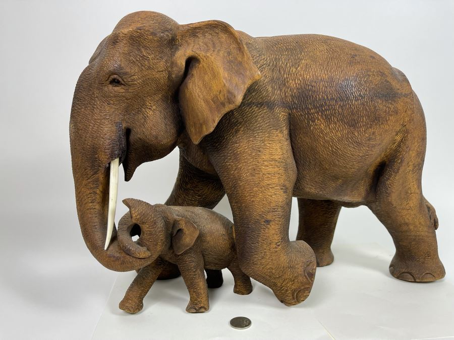 Large Hand Carved Wooden Mother Elephant With Baby Calf Sculpture 19W X 9D X 12H [Photo 2]