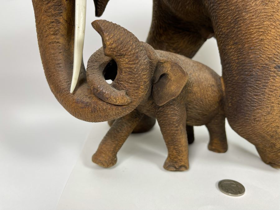 Large Hand Carved Wooden Mother Elephant With Baby Calf Sculpture 19W X 9D X 12H [Photo 7]