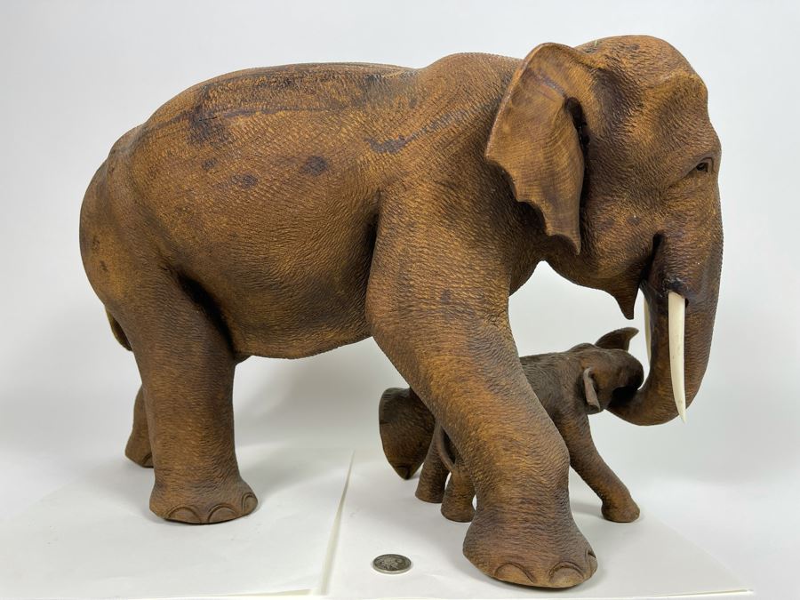 Large Hand Carved Wooden Mother Elephant With Baby Calf Sculpture 19W X 9D X 12H [Photo 14]