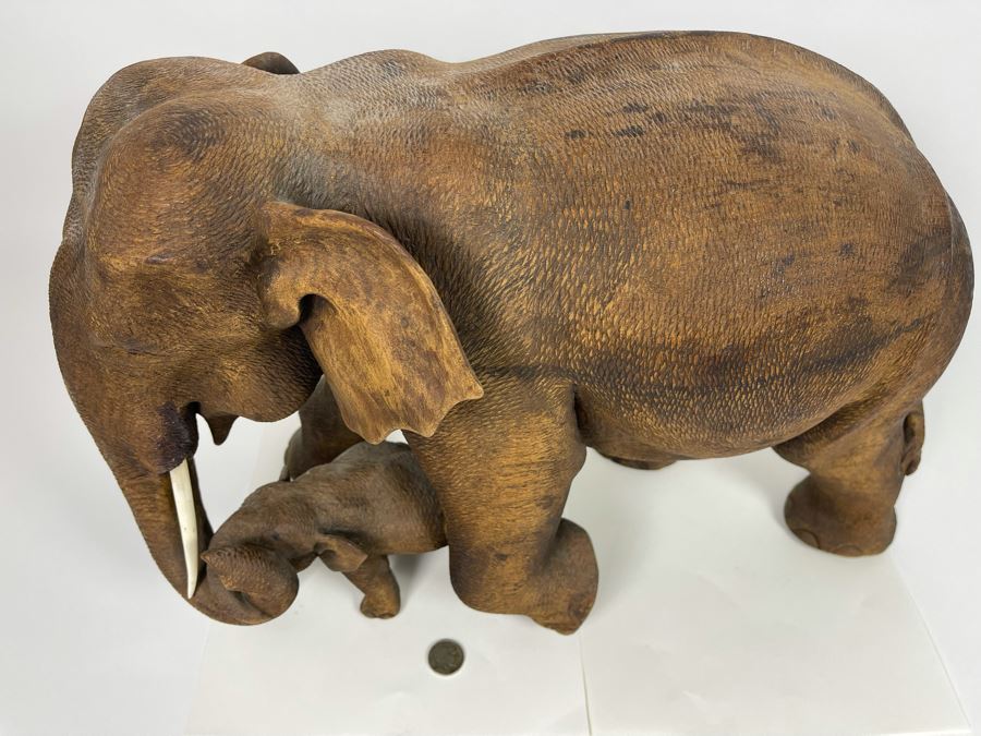 Large Hand Carved Wooden Mother Elephant With Baby Calf Sculpture 19W X 9D X 12H [Photo 10]