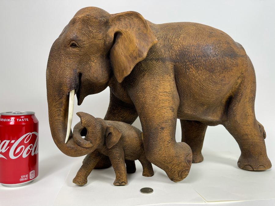 Large Hand Carved Wooden Mother Elephant With Baby Calf Sculpture 19W X 9D X 12H