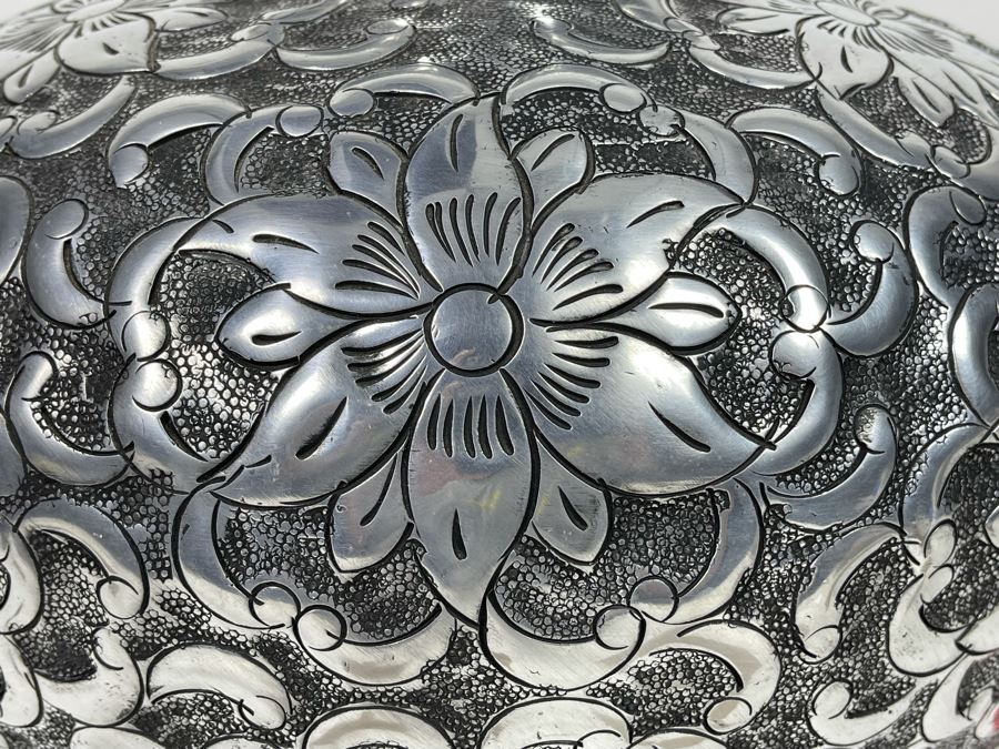 Large Hammered Metal Floral Motif Vase 16W X 14.5H [Photo 3]