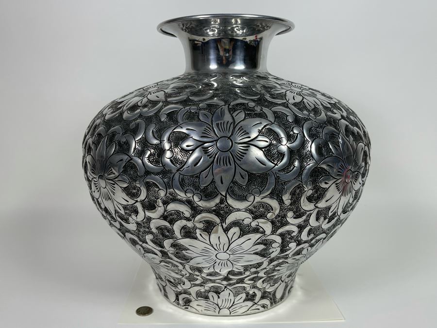 Large Hammered Metal Floral Motif Vase 16W X 14.5H [Photo 8]