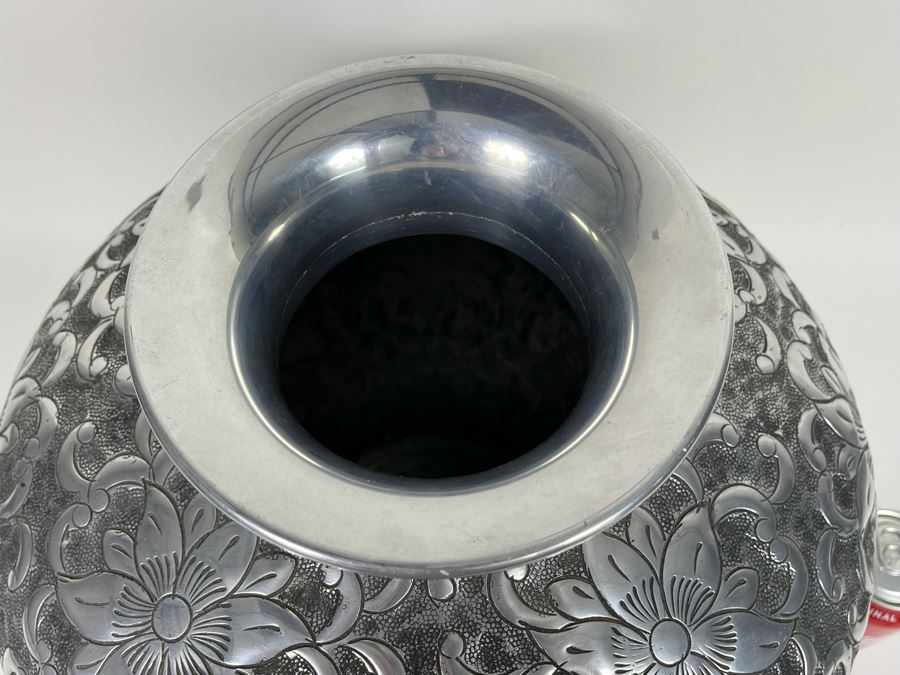 Large Hammered Metal Floral Motif Vase 16W X 14.5H [Photo 7]
