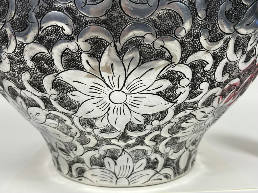 Large Hammered Metal Floral Motif Vase 16W X 14.5H [Photo 6]