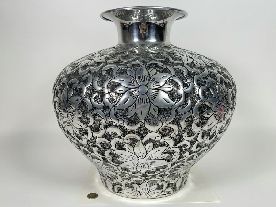 Large Hammered Metal Floral Motif Vase 16W X 14.5H [Photo 9]