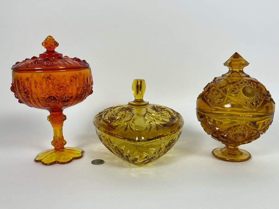 Collection Of Three Glass Candy Dishes Yellow Orange [Photo 2]