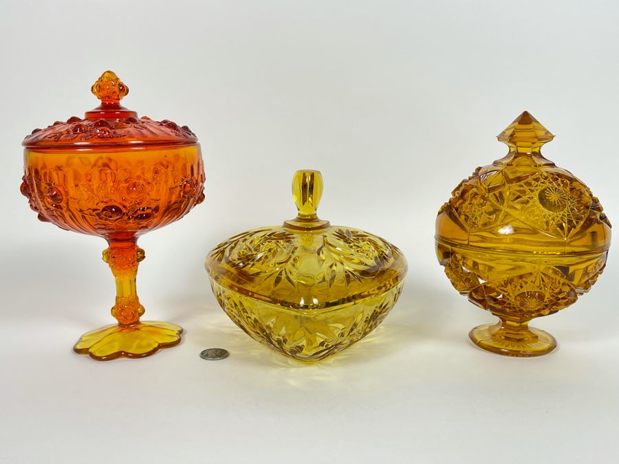 Collection Of Three Glass Candy Dishes Yellow Orange