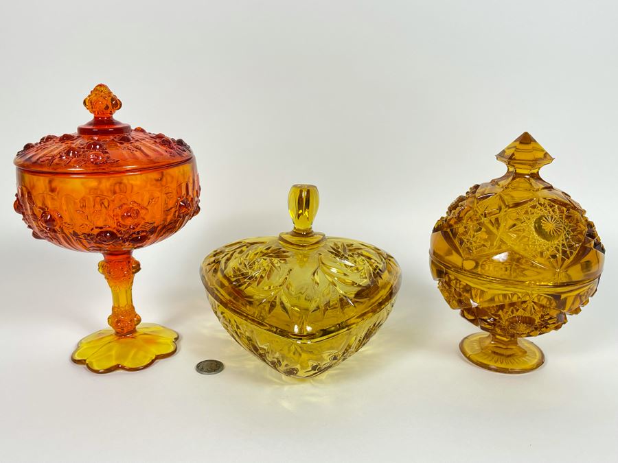 Collection Of Three Glass Candy Dishes Yellow Orange [Photo 3]