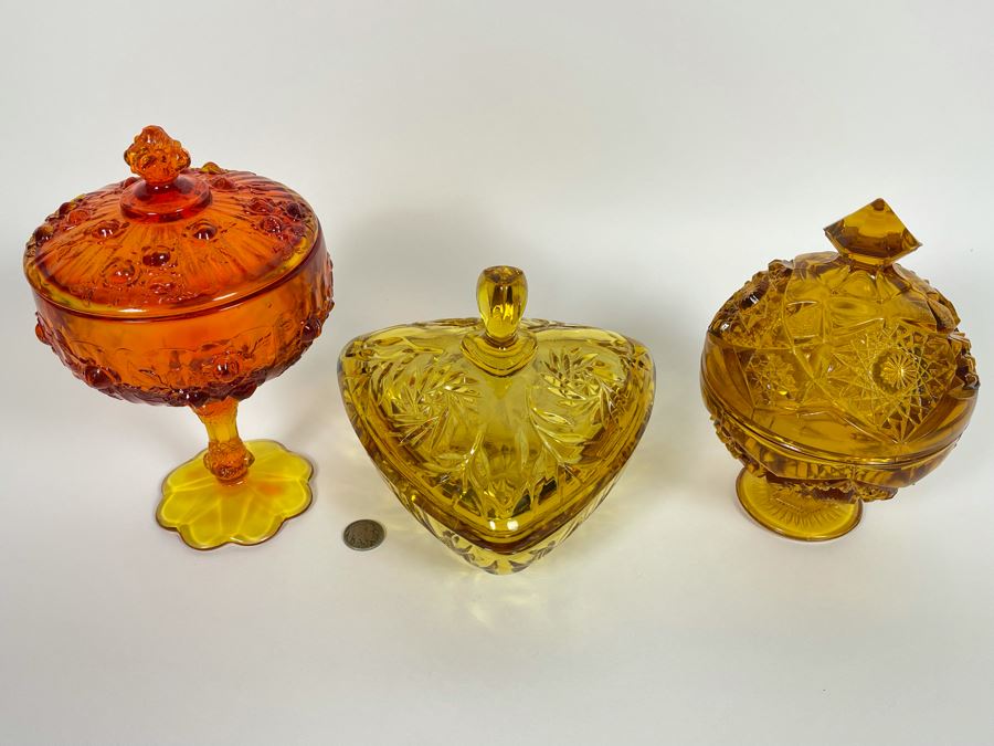 Collection Of Three Glass Candy Dishes Yellow Orange [Photo 4]