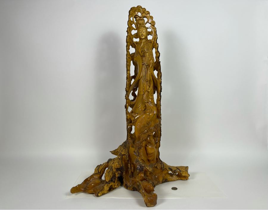 Hand Carved Tree Trunk Buddha Sculpture Signed 27'H [Photo 4]