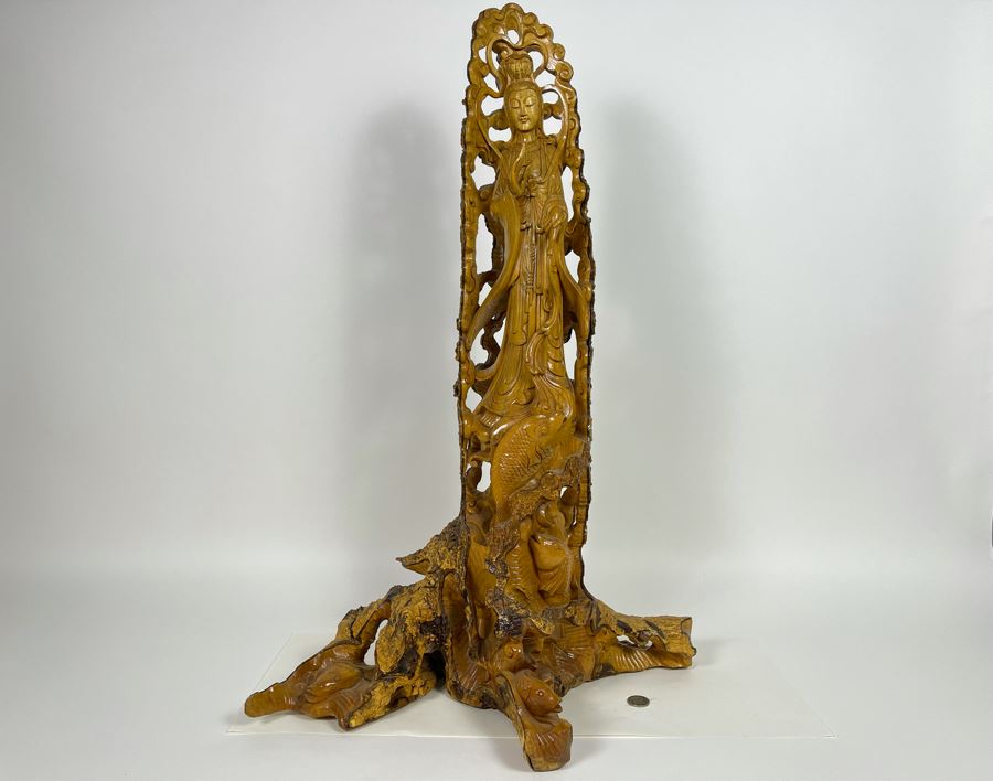 Hand Carved Tree Trunk Buddha Sculpture Signed 27'H [Photo 3]