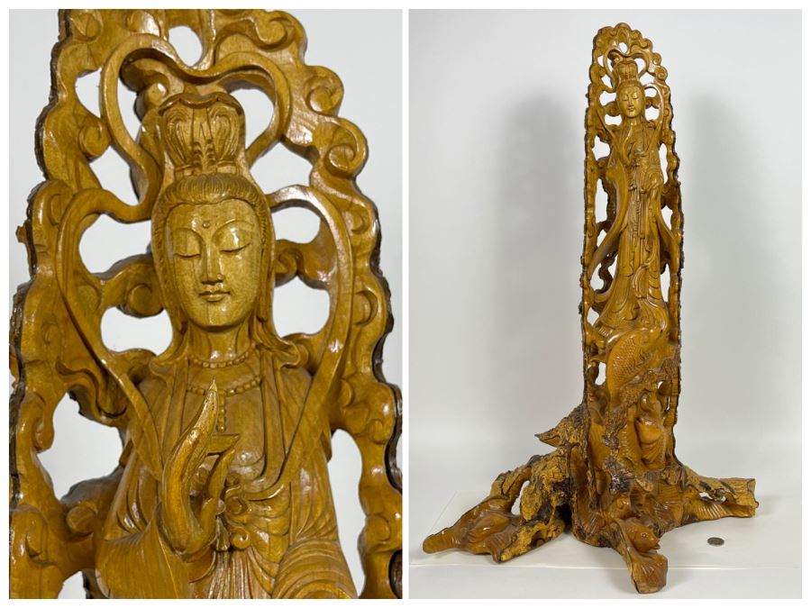 Hand Carved Tree Trunk Buddha Sculpture Signed 27'H [Photo 1]