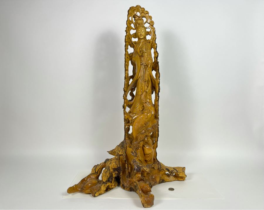 Hand Carved Tree Trunk Buddha Sculpture Signed 27'H [Photo 2]