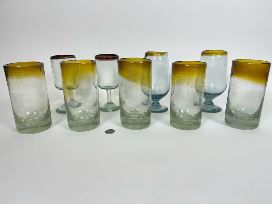 Collection Of Mexican Handblown Bubble Glass Glassware 6H