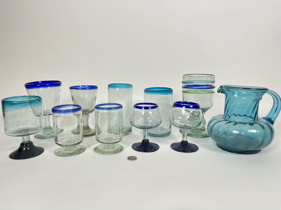 Collection Of Mexican Handblown Bubble Glass Glassware With Pitcher [Photo 2]