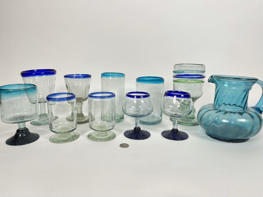 Collection Of Mexican Handblown Bubble Glass Glassware With Pitcher