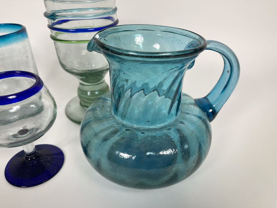 Collection Of Mexican Handblown Bubble Glass Glassware With Pitcher [Photo 3]