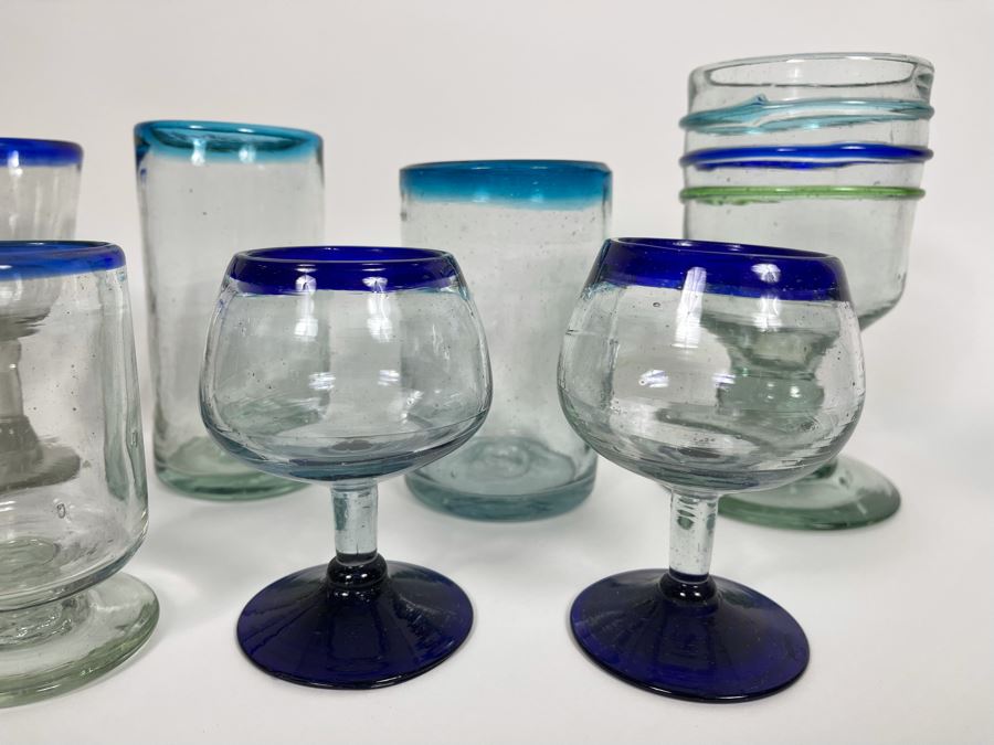 Collection Of Mexican Handblown Bubble Glass Glassware With Pitcher