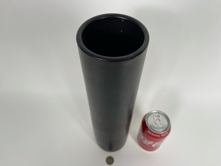Tall Signed Asian Black Cylindrical Pottery Vase 13.5H [Photo 3]