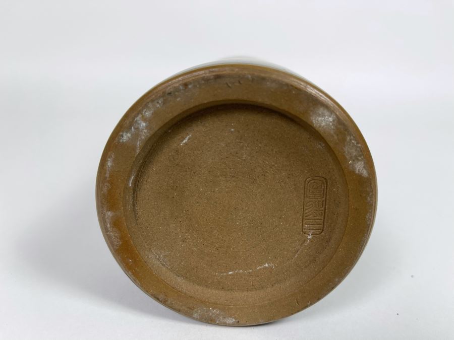 Tall Signed Asian Black Cylindrical Pottery Vase 13.5H [Photo 4]