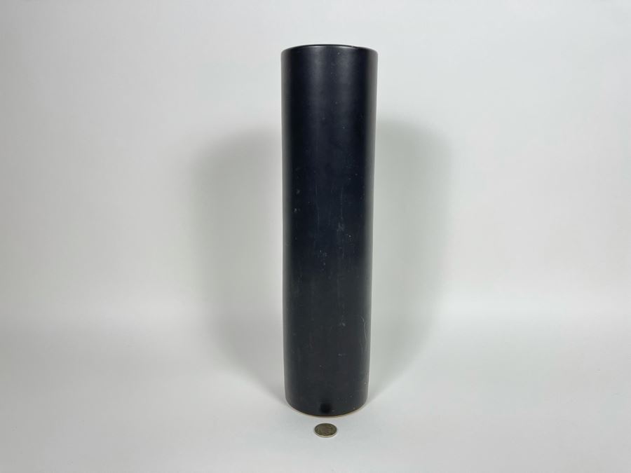 Tall Signed Asian Black Cylindrical Pottery Vase 13.5H [Photo 2]