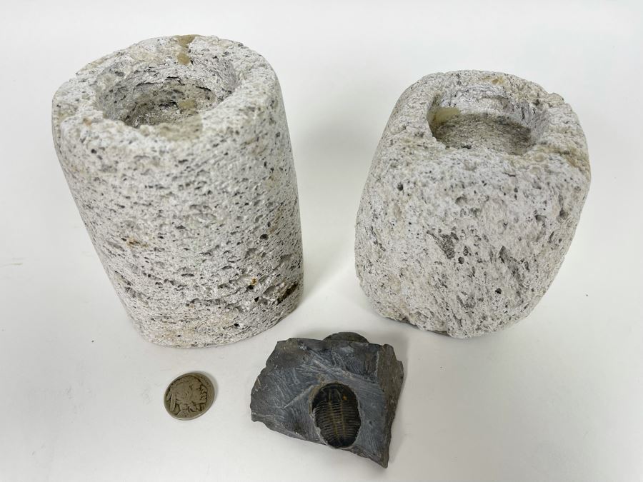 Pair Of Cylindrical Stone Candle Holders 4H And Fossil [Photo 2]