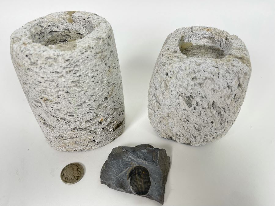Pair Of Cylindrical Stone Candle Holders 4H And Fossil [Photo 1]