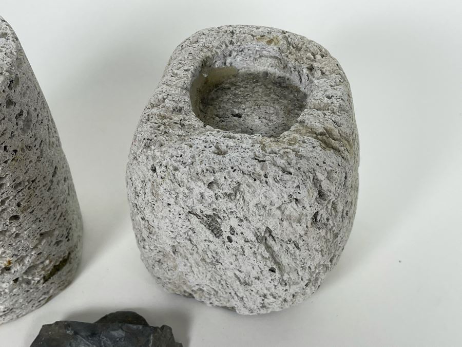 Pair Of Cylindrical Stone Candle Holders 4H And Fossil [Photo 5]