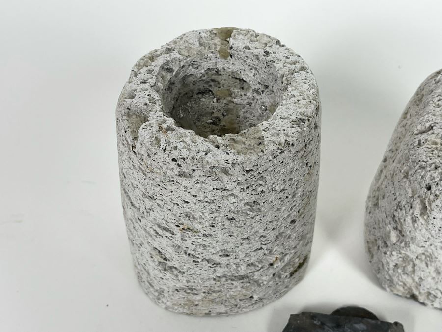 Pair Of Cylindrical Stone Candle Holders 4H And Fossil [Photo 4]