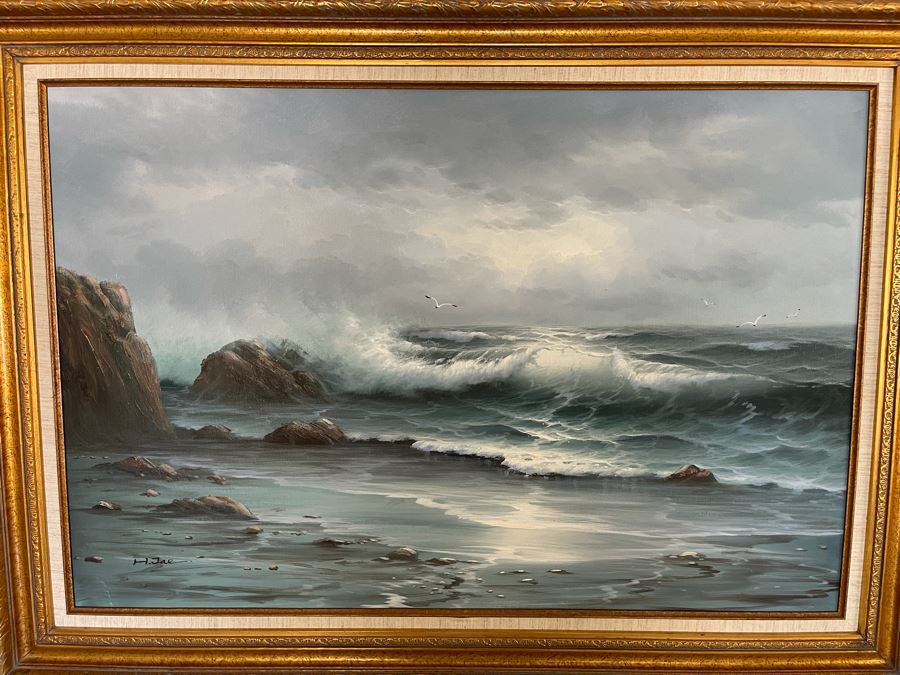 Large Framed Original Signed Seascape Ocean Waves Painting 24 X 36 [Photo 1]