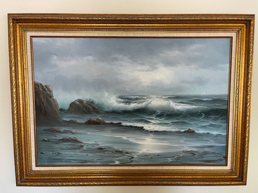 Large Framed Original Signed Seascape Ocean Waves Painting 24 X 36 [Photo 4]