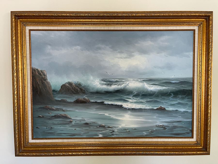 Large Framed Original Signed Seascape Ocean Waves Painting 24 X 36 [Photo 2]