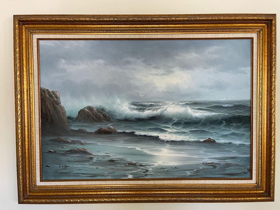 Large Framed Original Signed Seascape Ocean Waves Painting 24 X 36 [Photo 3]