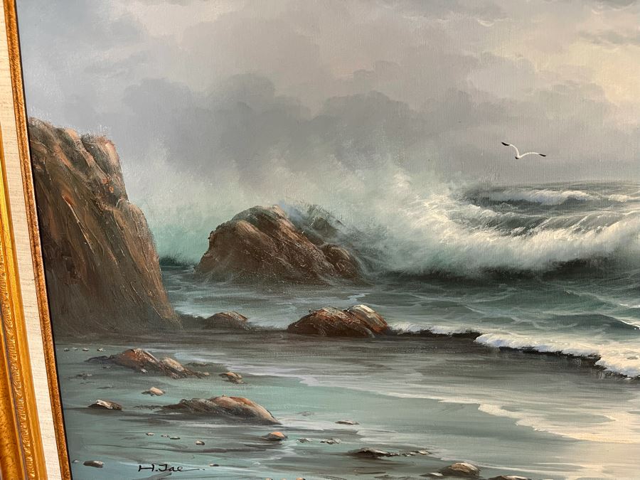 Large Framed Original Signed Seascape Ocean Waves Painting 24 X 36 [Photo 5]